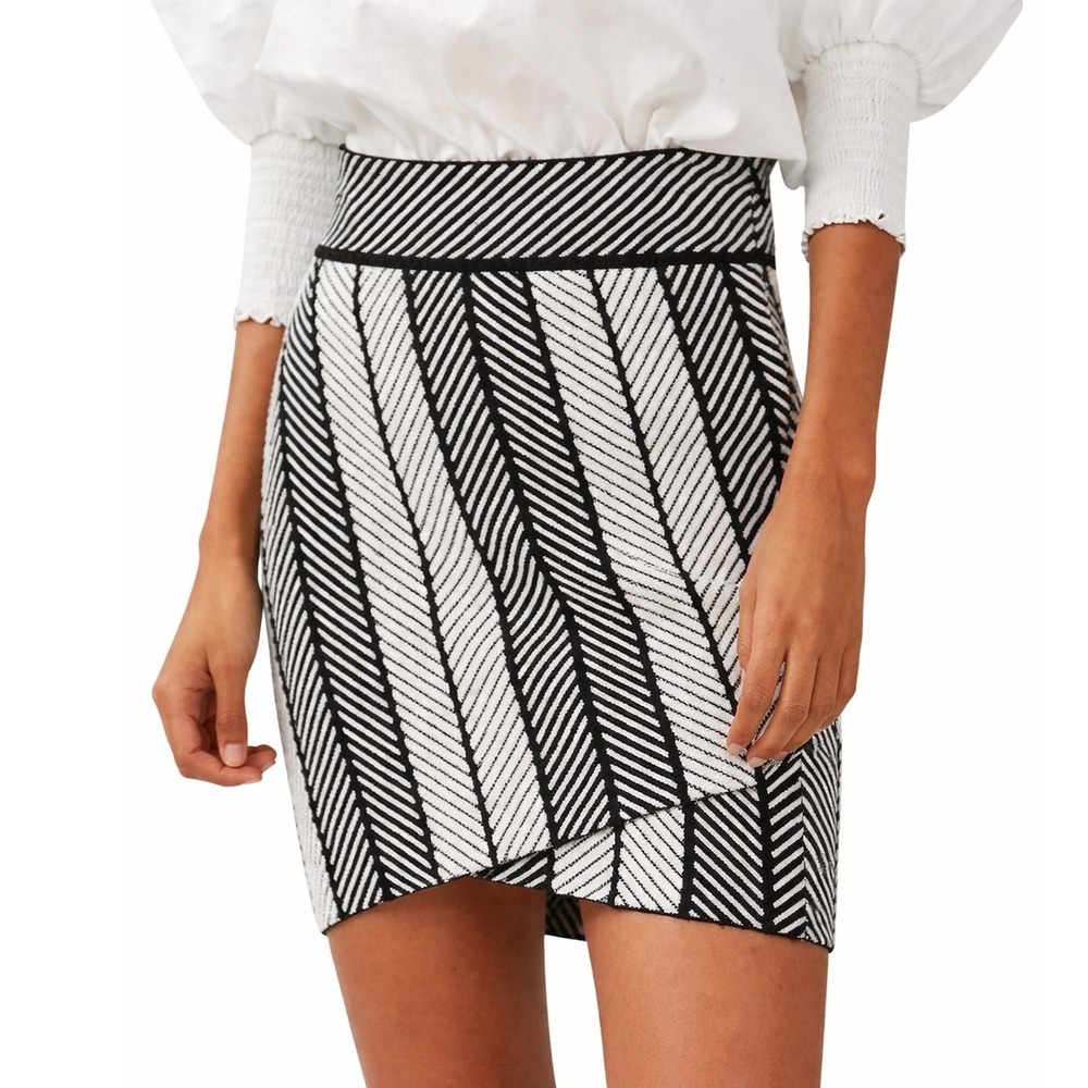Maje Black White Jessy Jupe Portefeuille Herringbone Knit Skirt 2 Medium